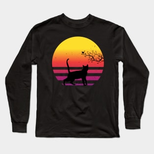 Cute Cat Watching Bird On Tree Vintage Retro Sunset Long Sleeve T-Shirt